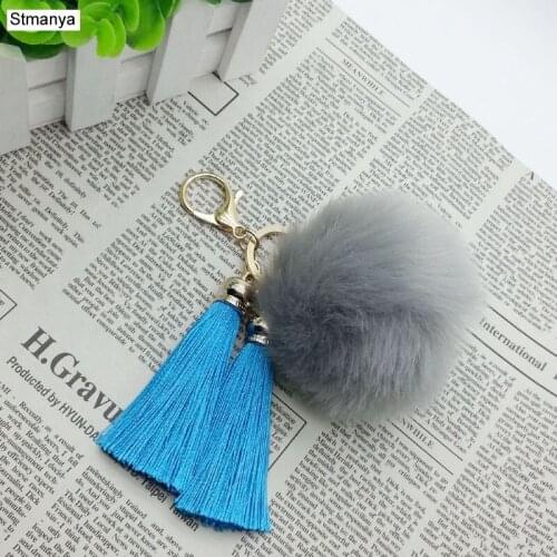 Women Bag Silk Tassels KeyChain Pom Pom Fur Key Chain - New with 2 Tassels 8cm Pomom For Bag Car Key Ring Jewelry #16011