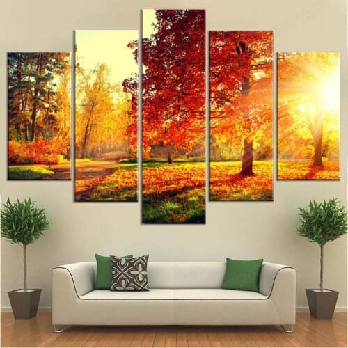 Canvas Painting Modern 5 Pieces/Pcs Sunset Landscape Art Autumn Scenery Live Wall HD Decoration Modular Forest Picture Poster