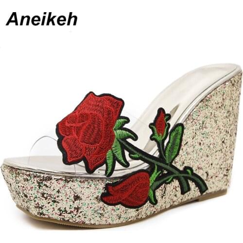 Aneikeh 2019 Sexy Woman Platform Wedges Heels Peep Toe PVC Flower Slippers Supper High Heel Summer Outdoors Women Slides Shoes
