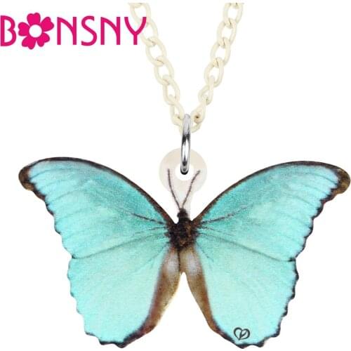 Bonsny Acrylic Blue Morphidae Butterfly Necklace Choker Chain Lovely Animal Pendant Jewelry For Women Kids Novelty Gift Charms