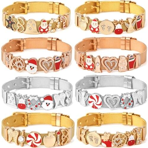 10mm Adjustable Stainless Steel Mesh Bracelet DIY Crystal Heart Crown Charm Keeper Bracelet For Women Men Christmas Jewelry Gift