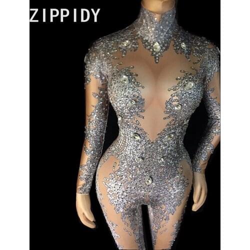Gray Pattern Printed Nude Jumpsuit Womens Big Stones Skinny Outfit Female Singer Bodysuit Nightclub Dance DS Stage Show Wear