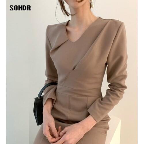 Korean One-Piece WomenS Dresses 2020 Spring Autumn New Female Vintage V-Neck Slim Dress Ruffled Fishtail Dress Bag Hip Dresses