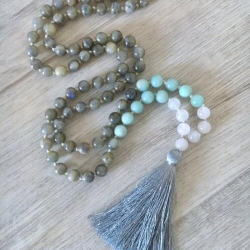 Labradorite Amazonite & Snow Q-uartz Knotted Tassel Necklace Women 108 Beads Mala Necklace Boho Tassel Necklace Chakra Jeweley