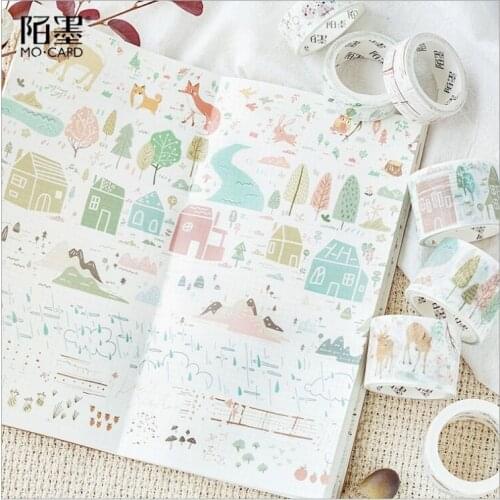 Green forest flying bird forest fruit plants mountain animal zoo village house washi tape DIY planner scrapbooking masking tape