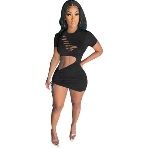 Round Neck Short Sleeve Bodycon Mini Dress Basic Women Summer Black Hollow Party Sexy Holiday Clubwear 2021 Dresses