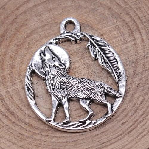 Handmade Pendants For Jewelry Accessories 10pcs Moon Wolf Charms 22x22mm Antique Silver Plated