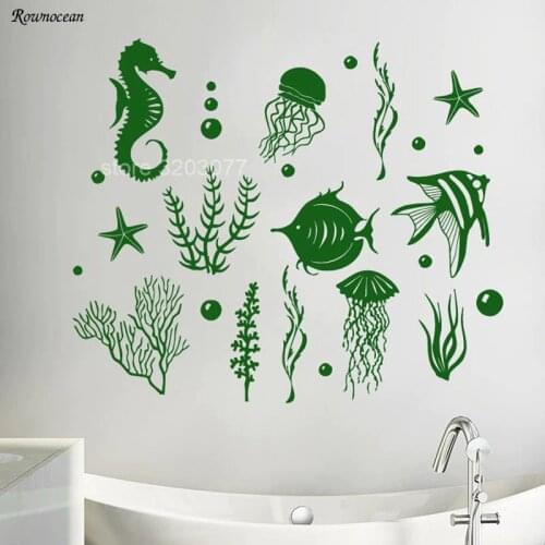 The Underwater World Marine Life Wall Decals Ocean Sea Seaweed Animal Wall Sticker Vinyl Bathroom Washroom Tile Decor Mural B-08