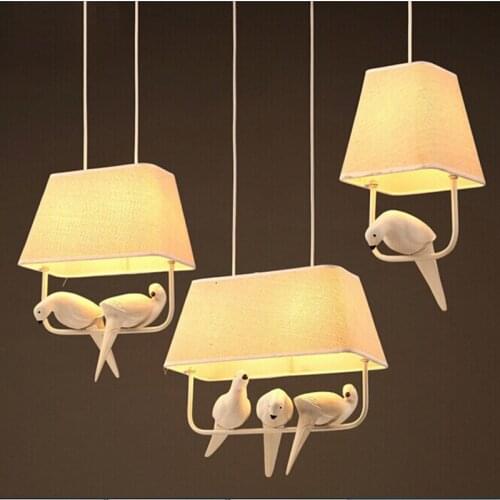 American Style Resin Bird Pendant Lights Fixture with Fabric Lampshade for Dining Room Kitchen Restaurant Study