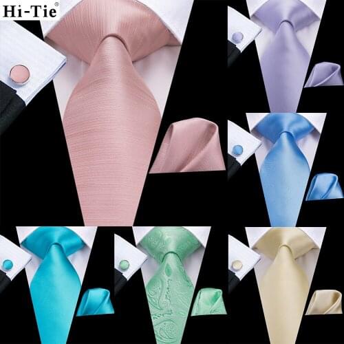 Hi-Tie Peach Pink Coral Solid Silk Wedding Tie For Men Hanky Cufflink Men Necktie Set Business Party Dropshipping Fashion Design