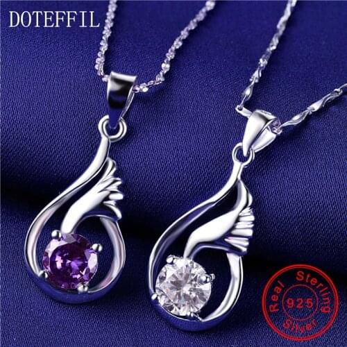 Silver Chain 45cm Woman Necklace 925 Sterling Silver Charm Geometric Pendant Silver Necklace 6mm Zircon Women Fashion Jewelry