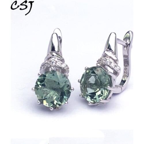 CSJ Real Natural Green Amethyst Earring Sterling 925 Silver Round 8mm 5Ct Fine Jewelry For Women Lady Party Gift