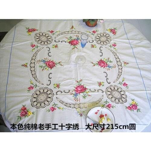 Handmade cross-stitch tablecloth round large 215cm old hand-embroidered rose boutique