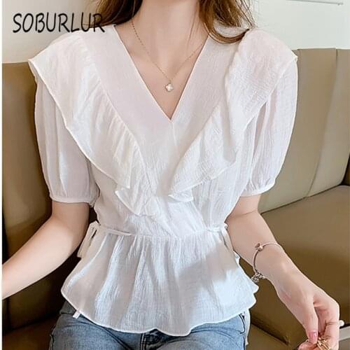 SOBURLUR Summer New Womens T shirt Basic T-shirts BF Korean Style Blousas V-neck Crop Top Woman Clothes Solid Color All-match