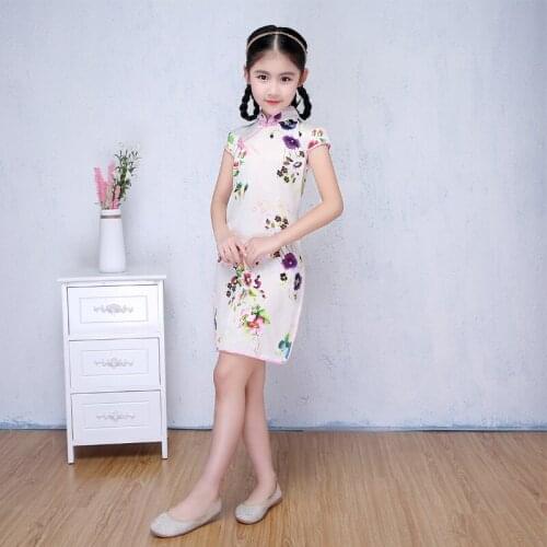 Children Girls Chinese Ancient Cheongsam Sleeveless Chinese Traditional Dress Kids Oriental Qipao Stage Dance Outfit 90