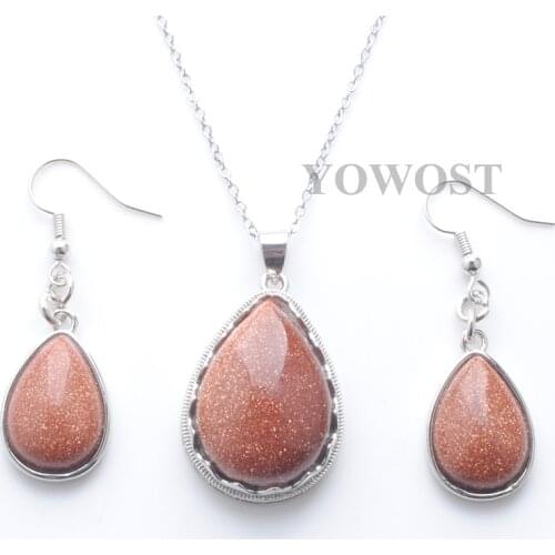 Party women Jewelry Set Natural Golden Sand Teardrop Stone Beads Drop Pendant Necklace Earrings Set Chain Pendulum 45cm QQ3092