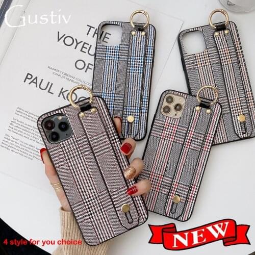 Vintage England Grid PU Leather Phone Case for Soft Cases for iPhone 12 Mini 11 Pro XS Max X XR 6 6s 7 8 Plus Wrist Strap Cover