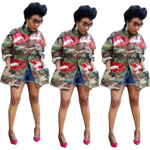 S--6XL Green Camouflage Printing Plus Size Jackets Fashion Lady Full Sleeves Single-Breasted Pockets Loose Sequins Coats