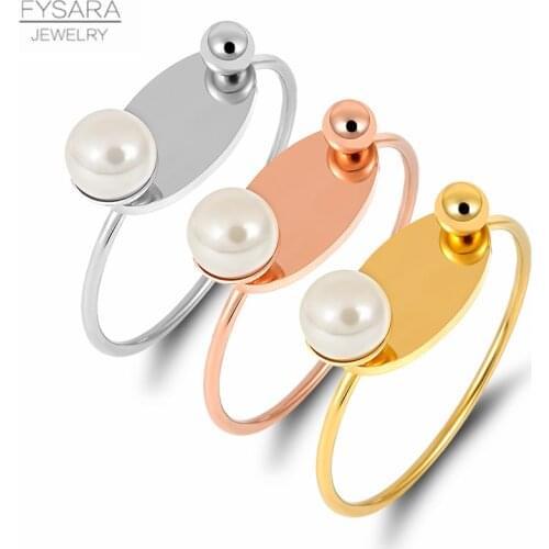 FYSARA Luxury Oval Tag with Pearl Bead Bangles For Women Stainless Steel Gold Bangles Bracelets Women Wedding Gift