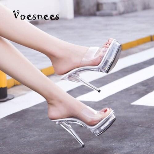 2020 Sexy Model Sandals Slippers Female Transparent Waterproof Platform High Heels 13cm Fine Heel Crystal Wedding Shoes Catwalk