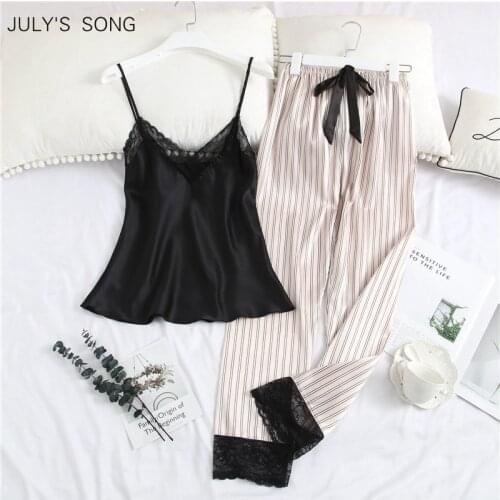 JULYS SONG 2 Piece Woman Pajamas Set Sling Stain Long Pants Silk Sexy Sleepwear Woman Pink Top Strap Sling Summer Pyjama