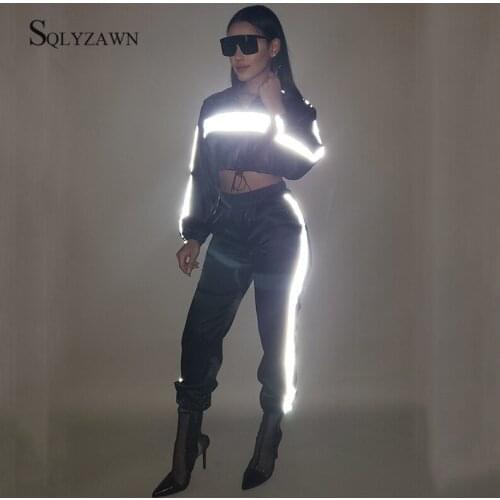 Reflective Stripe Autumn Two Piece Jogger Suit Set Women Black Long Sleeve Sweatshirt Crop Top and Pants Matching Sports Outfits