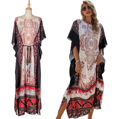 Women Floral Print Long Caftan Side Split Beach Tunic Dress Oversized Loose Maxi Kaftan Drawstring Waist Bikini Swimsuit Up