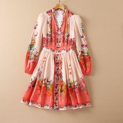 European and American womens autumn 2021 new Long sleeves with elegant buttons and V-neck Fashion print pleated dress