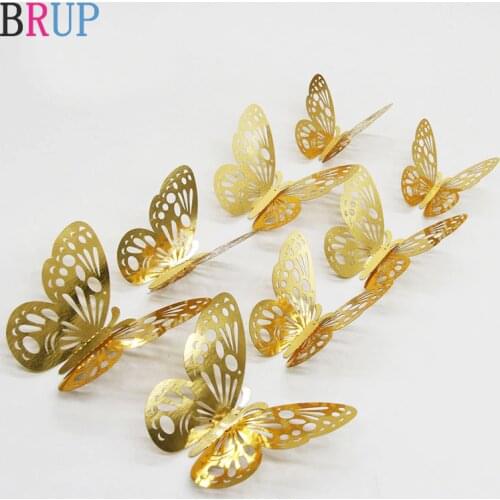 12Pcs/lot Rose Gold Color 3D Hollow Golden Silver Butterfly Wall Stickers Home Decorations Wall Decals for Party Wedding Shop