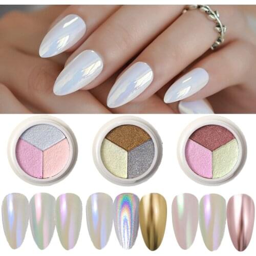 3 In 1 Solid Nail Powder Pearl Shimmer Glitter Dust Mirror Pigment Holographics Nail Powder for UV Gel Polish Decorations
