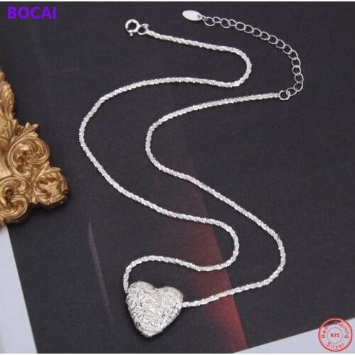 BOCAI S925 Sterling Silver Necklace 2021 Popular Love Heart Charm Corrugation Chain Pure Argentum Neck Jewelry for Women Lovers