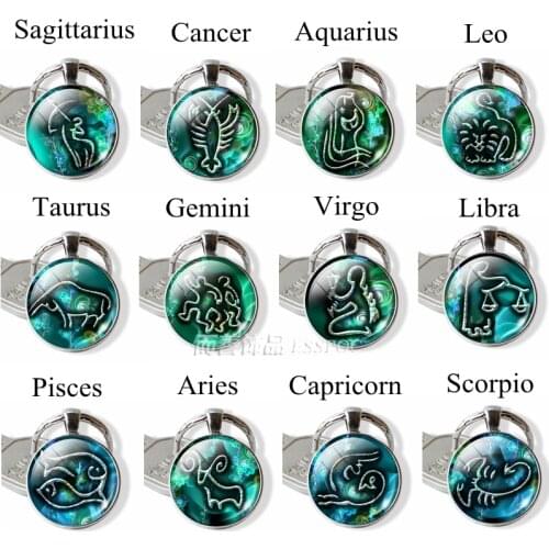 12 Constellation Zodiac Sign Bag Pendent Car Keychain Keyring Glass Cabochon Dome Jewelry Key Chain Men Women Birthday Gift