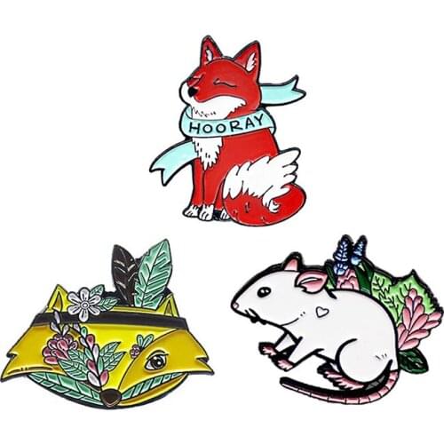 Flower Fox mouse Enamel Brooch Plant leaves Foxes decorated in Indian style Lapel Pin Lovely animals Fun Badge