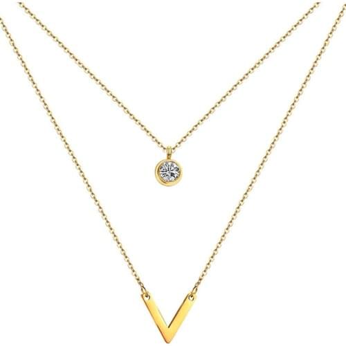 2021 New Stainless Steel Multilayer Chain Round Crystal Letter V Pendant Necklace For Women Girls Choker Jewelry Valentine Gift