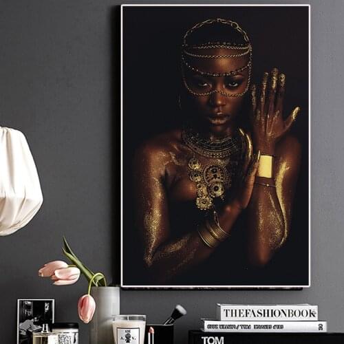 Black and Gold Nude African Woman with Necklace Canvas Painting Posters and Print Scandinavian Wall Art Picture for Living Room