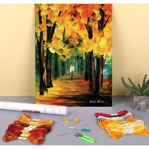 Fall Forest Printed Water-Soluble Canvas 11CT Cross-Stitch Embroidery Full Kit DMC Threads Handmade Needlework Jewelry