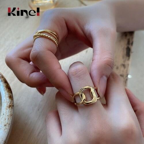 Kinel Jewelry French Style Real 925 Sterling Silver Minimalist Ring Adjustable Chain 18K Gold Ring Woman Silver 925 bijoux