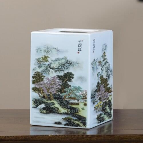 Chinese Jingdezhen antique square vase landscape mosaic vase pen holder home living room decoration