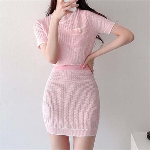 Alien Kitty Elegant Sexy Chic Two-Pieces Suits Sets Streetwear Lady 2021 OL Summer Knitted Tops Bodycon High Waist Mini Skirts