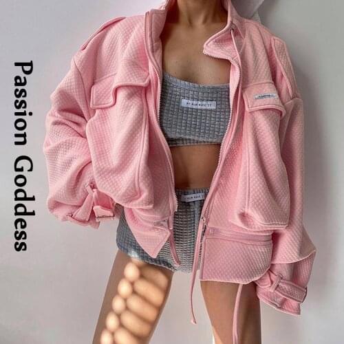 Fashion Cool Women Checkered Pink Jacket Oversized Bubble Coat Irregular Big Pockets Stand Collar Zipper Cargo Jacket Detachable