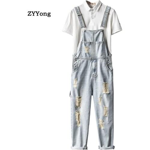 Men Hole Bib Denim Overalls Loose Fashion Hip Hop Ripped Jeans Jumpsuit Blue Tattered Homme Wide Leg Pants Freight Trousers