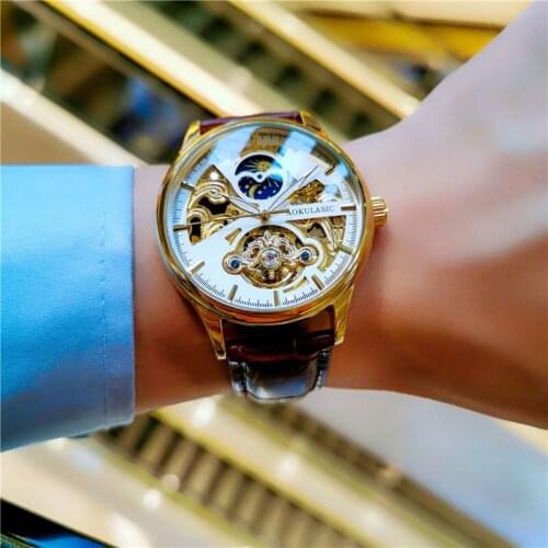 JOJOZ AOKULASIC/Augulas Watch Mens Hollow Fully Automatic Mechanical Watch Moon Phase Casual Leather Mens Watch