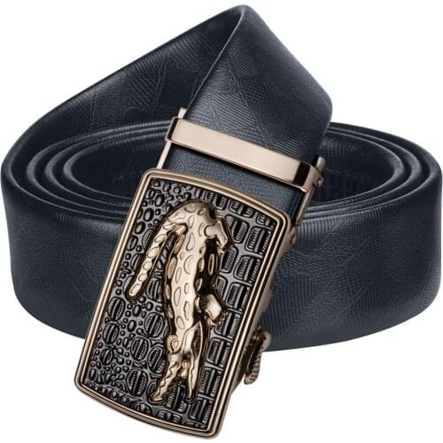 Barry.Wang Belt for Men Black Leather Belt Gold Automatic Buckle Emboss Crocodile Belt for Male Designer Waist Strap for Jeans