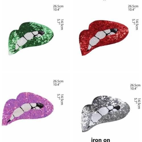 Iron Sew on Patches Lips Sequined Applique patch for Clothes Large Red Green Purple Silver Sequins Mouth Stickers