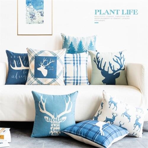 Nordic Style Animals Deer Throw Pillow Cushion Cover Blue Geometry Cushion Cover Capa De Almofadas 45x45cm Lumbar Pillow Case