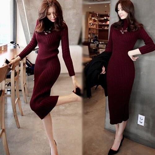 Spring and autumn and winter new womens knit dress fashion package hip Slim high collar thick sweater primer long dress