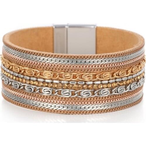 ORNAPEADIA Bohemian New Magnetic Buckle Bracelet for Women Wide Side Chain Leather Fashion Bracelet Unisex Luxury Jewelry