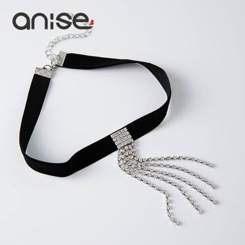Anise Sexy Black Velvet Choker Necklace Rhinestone Tassel Necklace ladies Vintage Short Necklace Collier Femme collares mujer
