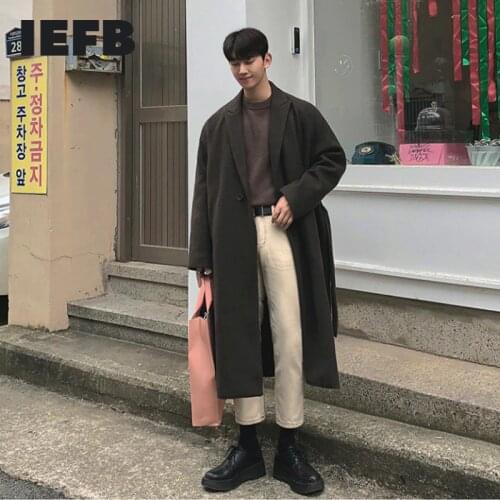 IEFB Mens Autumn Winter Thickened Woolen Coat Mens Medium Long Over The Knee Korean Single Button Overcoat With Belt 9Y5235