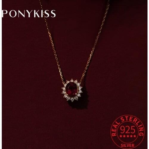 PONYKISS Vintage 925 Sterling Silver Red Round Zircon14K Gold Pendant Necklace For Women Luxury Fine Jewelry Gift Drop Shipping